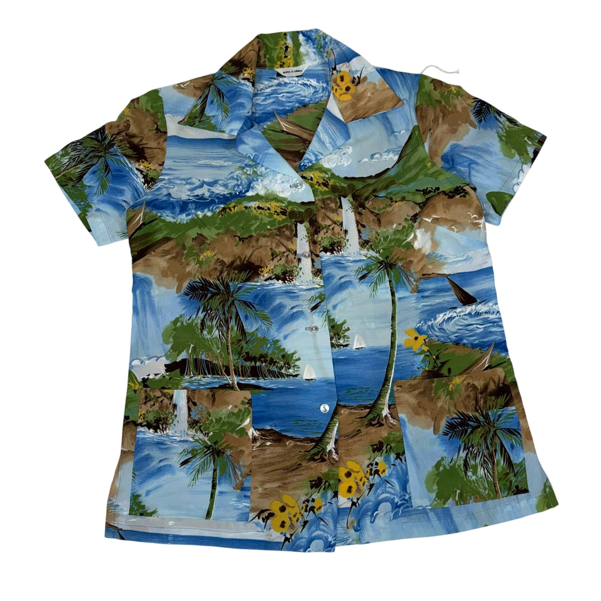 Made in Hawaii Scenic Waterfall Sailboat Print Shirt Blue Green Size S/M