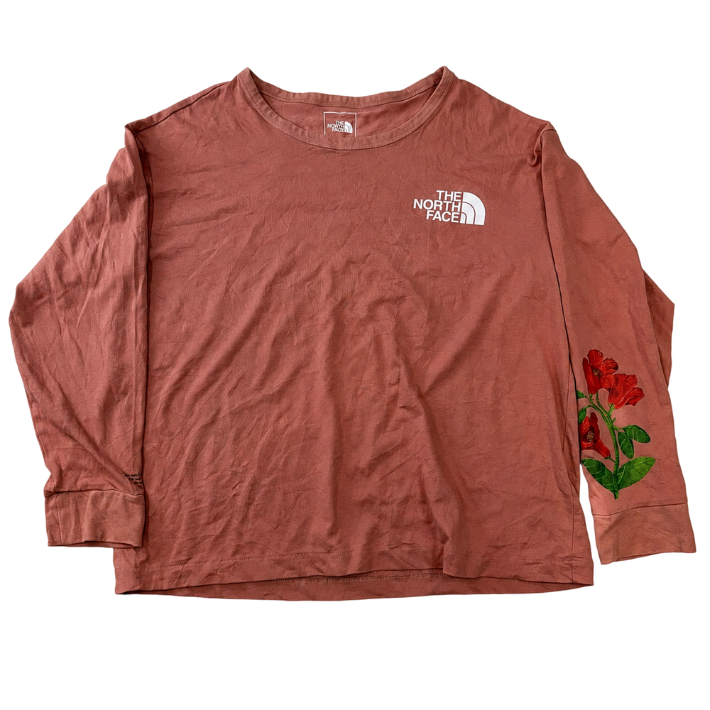The North Face Floral Logo Long Sleeve T-Shirt Women's L Pink Rhododendron Graphic