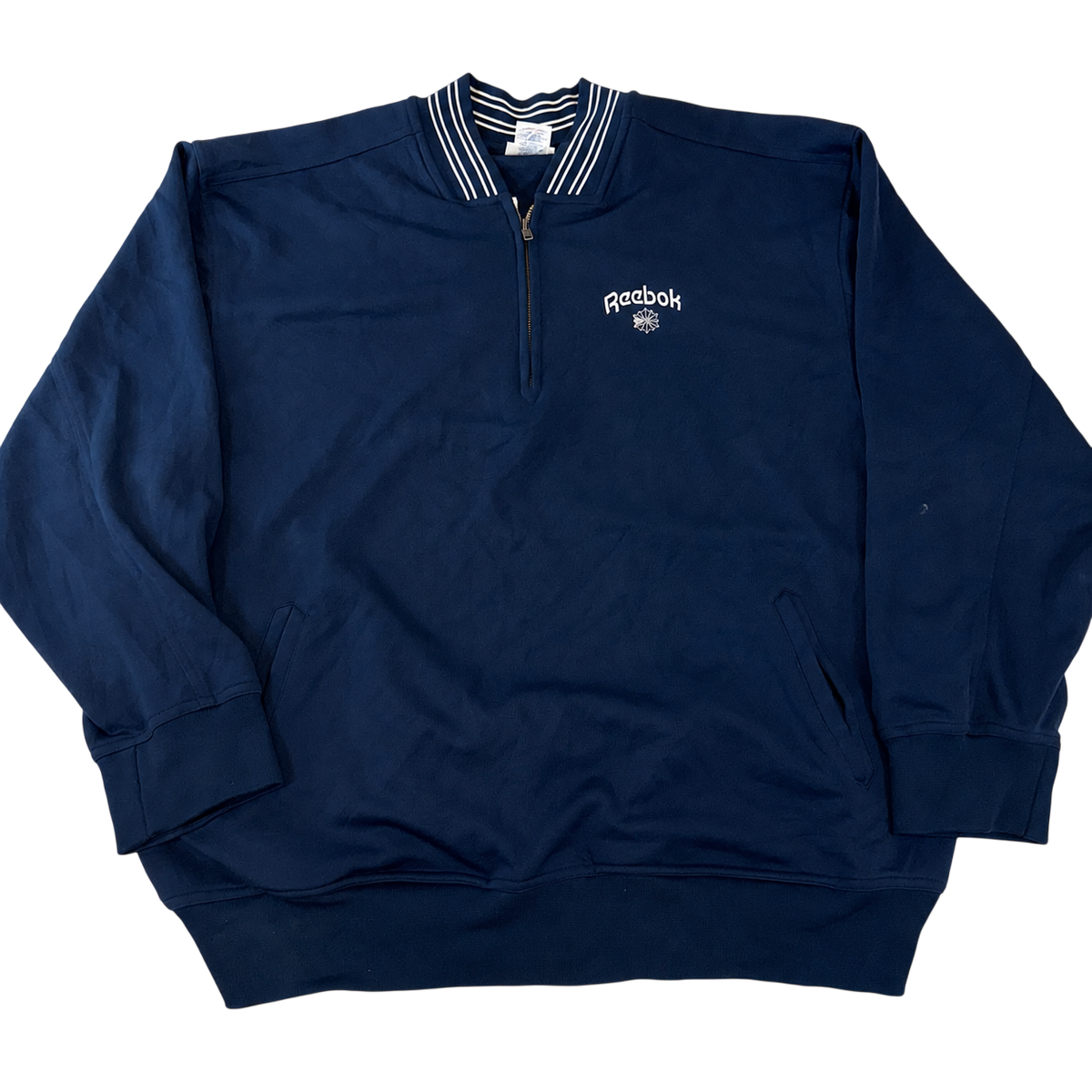 Vintage Reebok Classics Quarter Zip Sweatshirt Navy Blue Big Logo Spell Out 2XL Y2K