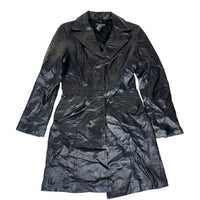 Bebe Genuine Leather Trench Coat Black Fitted Longline Size XS