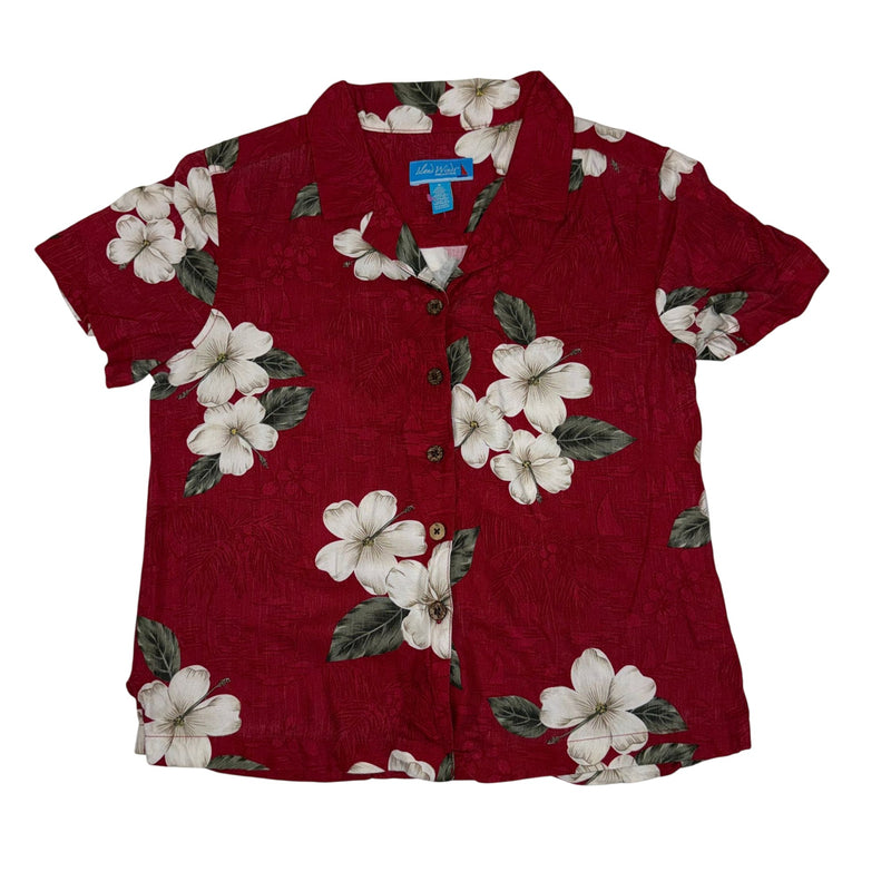 Island Winds Red Floral Hawaiian Shirt Coconut Buttons Rayon Size M