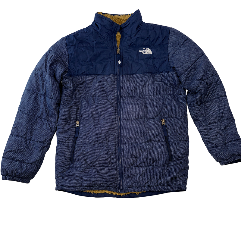 The North Face Reversible Sherpa Fleece Puffer Jacket Boys LG 14/16 Navy Brown Winter Coat