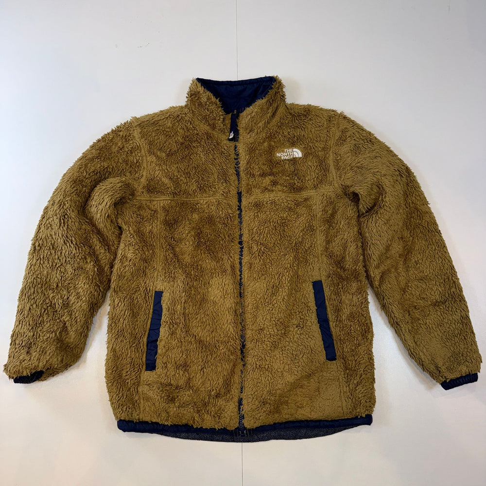 The North Face Reversible Sherpa Fleece Puffer Jacket Boys LG 14/16 Navy Brown Winter Coat