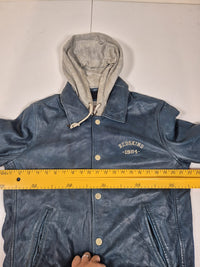 Redskins Leather Varsity Jacket Hooded Petrol Blue Bomber Size L
