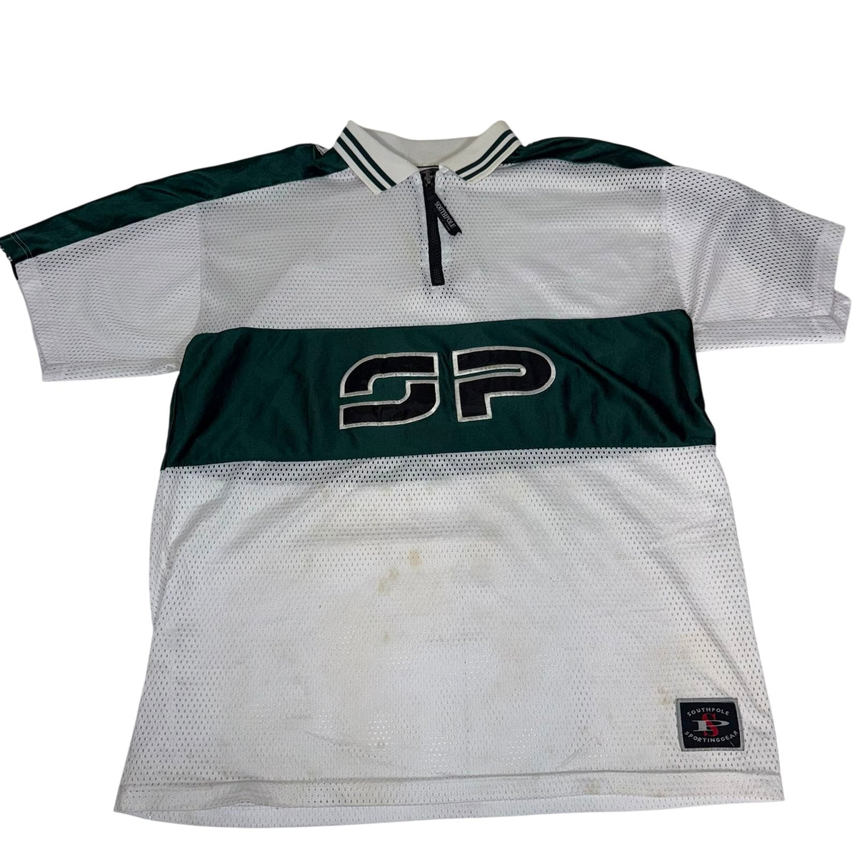 Southpole Mesh Quarter-Zip Jersey Polo White Green Oversized L/XL Y2K Streetwear
