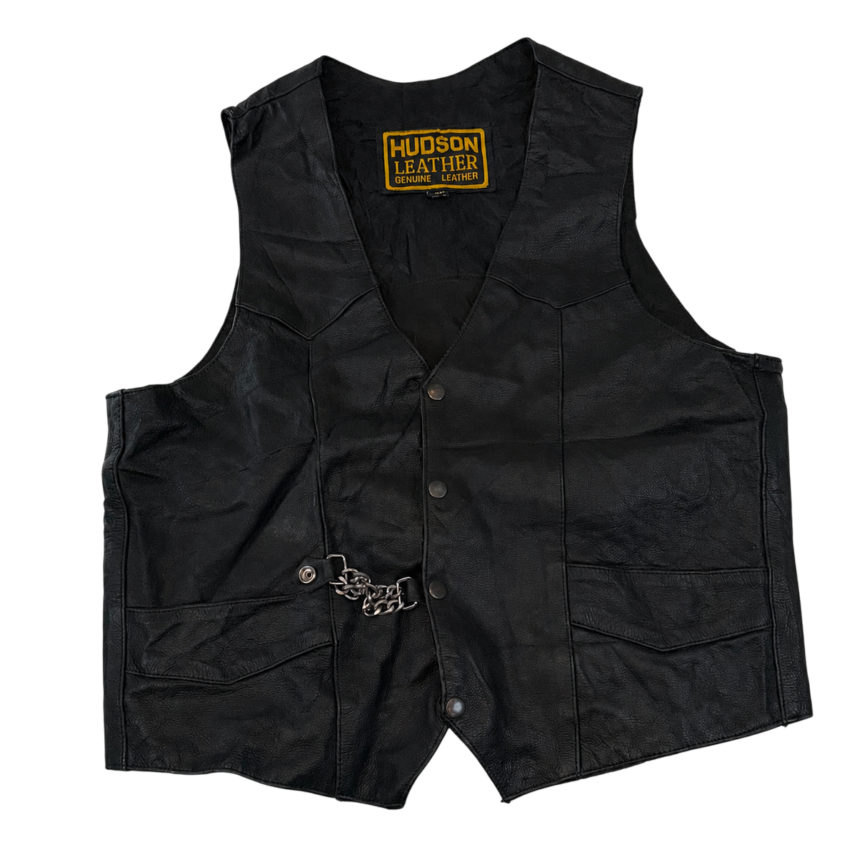 Vintage Hudson Leather Black Genuine Leather Biker Vest Harley Style Patch Size 44 XL