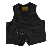 Vintage Hudson Leather Black Genuine Leather Biker Vest Harley Style Patch Size 44 XL