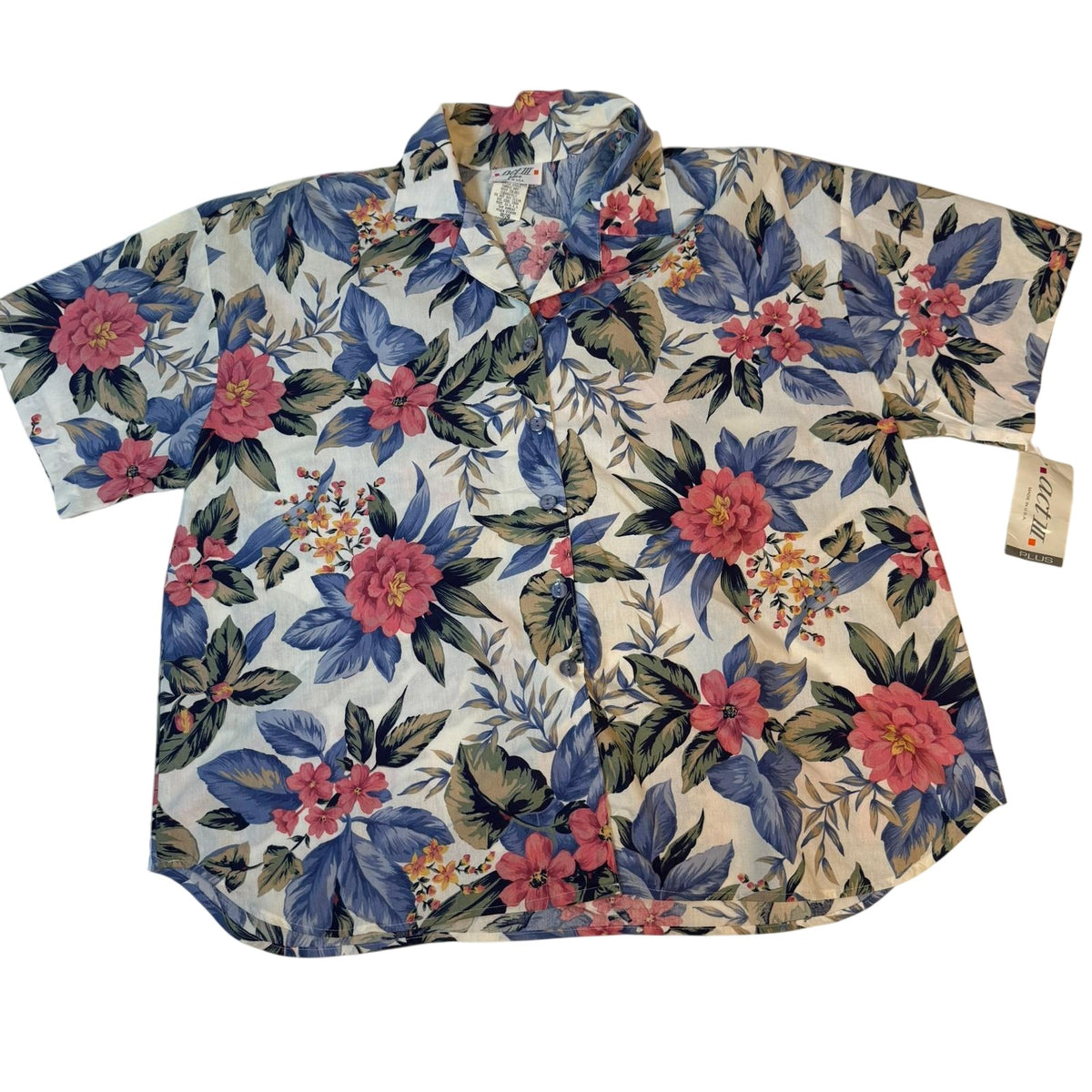 Act III Plus Floral Blouse Cream Blue Pink Tropical Print Size 44