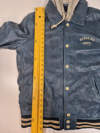 Redskins Leather Varsity Jacket Hooded Petrol Blue Bomber Size L