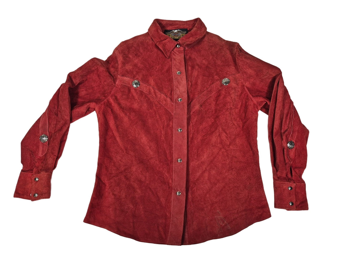 Harley-Davidson Suede Leather Western Shirt Red Womens S Snap Front Vintage 90s
