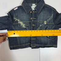 AKDMKS Cropped Denim Jacket Distressed Embroidered Dark Indigo UK 8 Y2K