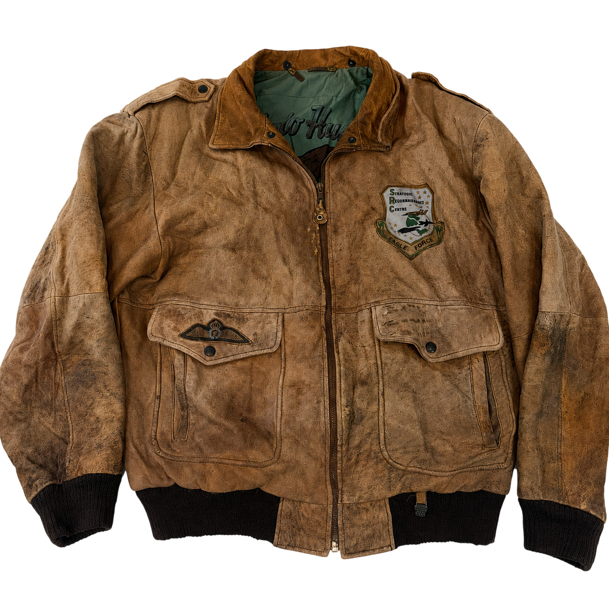 Vintage Avirex Style Distressed Leather Bomber Flight Jacket Brown Buffalo Hunters 52 XXL