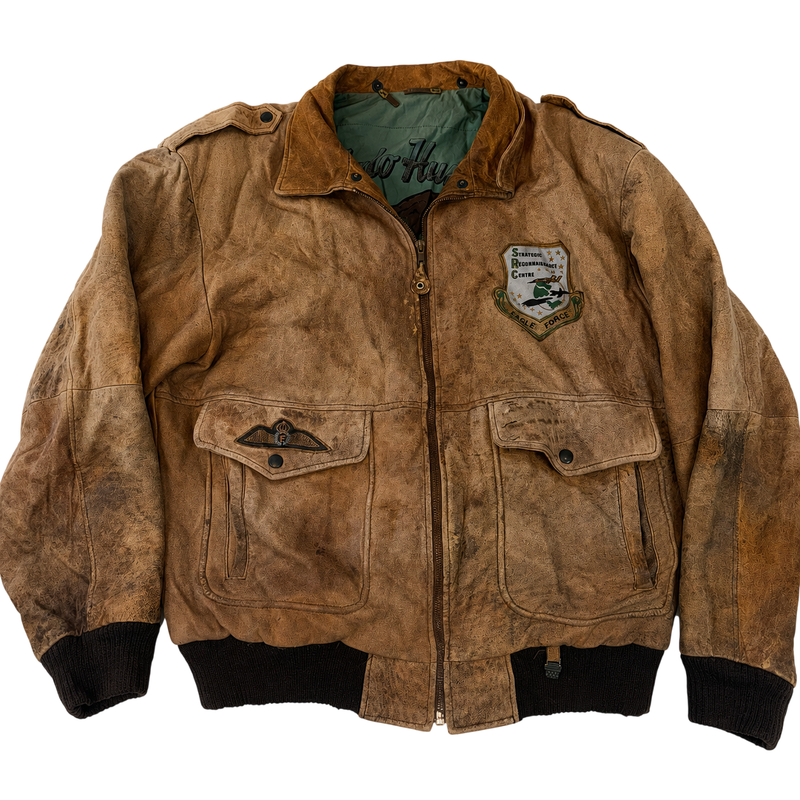 Vintage Avirex Style Distressed Leather Bomber Flight Jacket Brown Buffalo Hunters 52 XXL