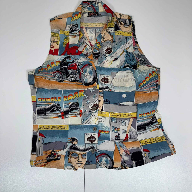 Harley-Davidson Comic Print Sleeveless Button Vest Novelty Size L