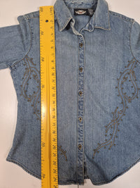 Harley-Davidson Embroidered Denim Snap Shirt Light Wash Western Size L