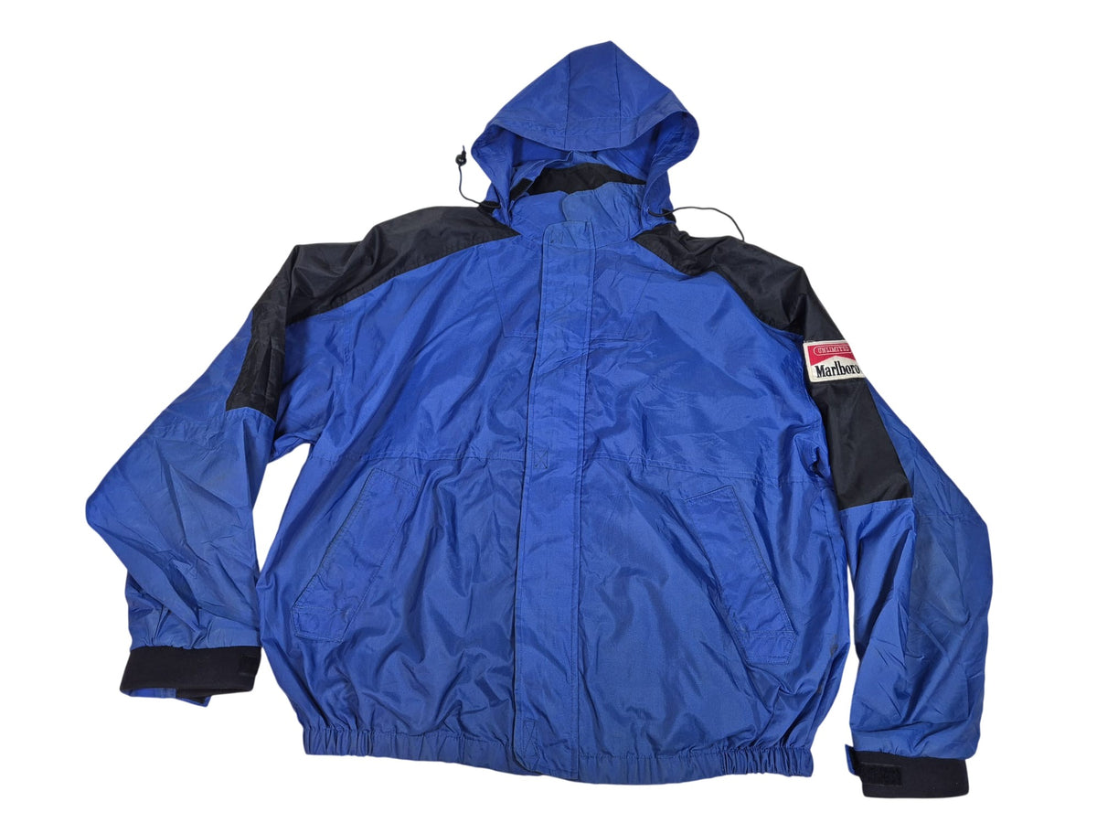 Marlboro Unlimited Vintage 90s Windbreaker Jacket Hooded Nylon Blue Black XXL