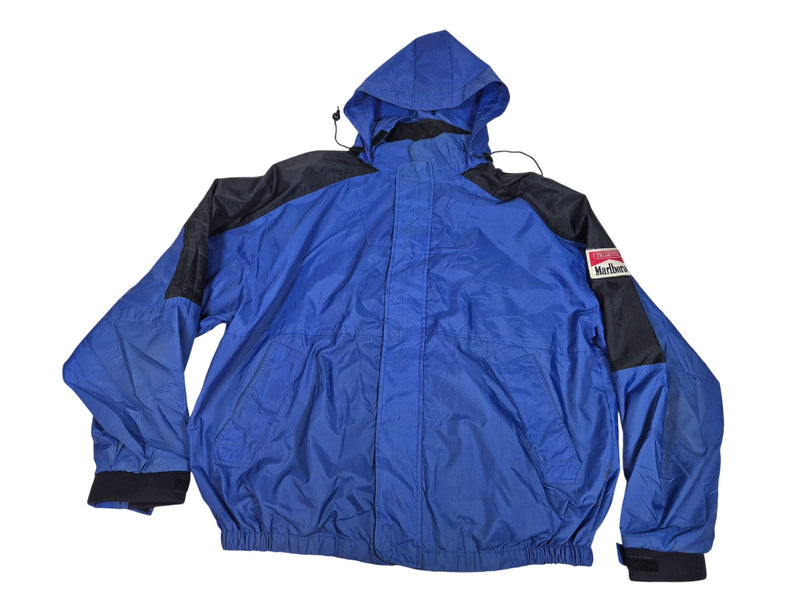 Marlboro Unlimited Vintage 90s Windbreaker Jacket Hooded Nylon Blue Black XXL