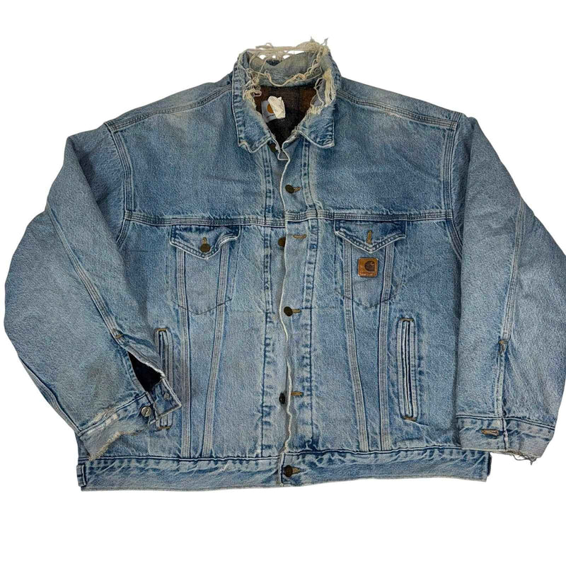 Carhartt Blanket Lined Denim Trucker Jacket Light Wash Plaid Size 2XL