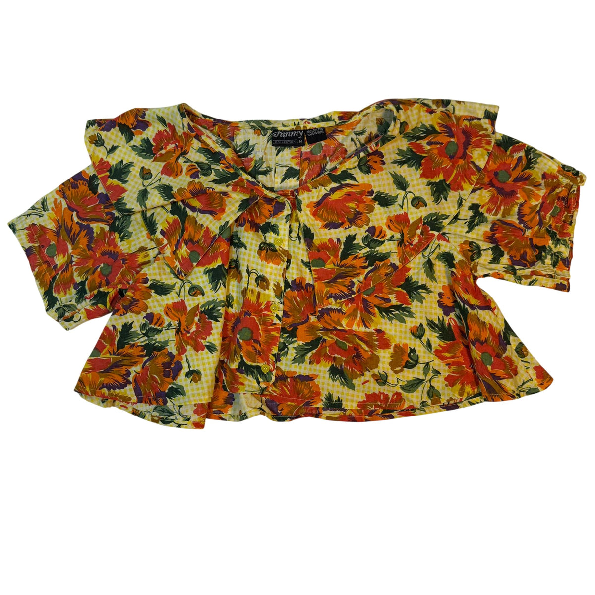 Jimmy Collection Floral Blouse Cropped Flared Orange Gingham Print Size M