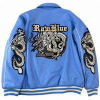 Raw Blue Faux Leather Varsity Jacket with Dragon Embroidery – Size XL