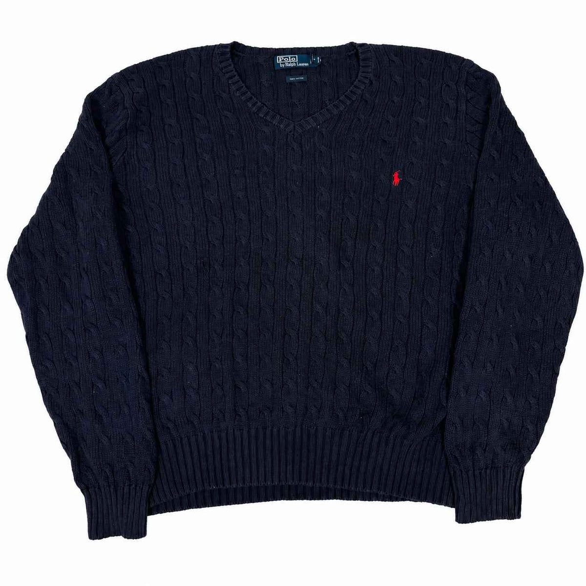Polo Ralph Lauren Cable Knit Jumper Navy V-Neck Cotton Mens Size XXL