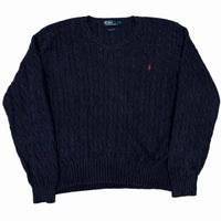 Polo Ralph Lauren Cable Knit Jumper Navy V-Neck Cotton Mens Size XXL