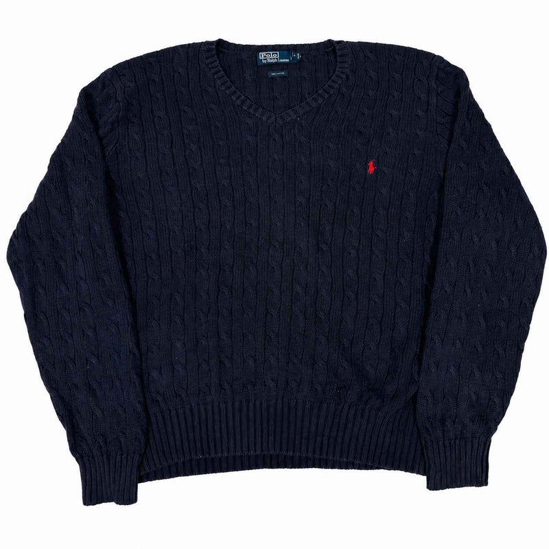 Polo Ralph Lauren Cable Knit Jumper Navy V-Neck Cotton Mens Size XXL