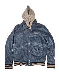 Redskins Leather Varsity Jacket Hooded Petrol Blue Bomber Size L