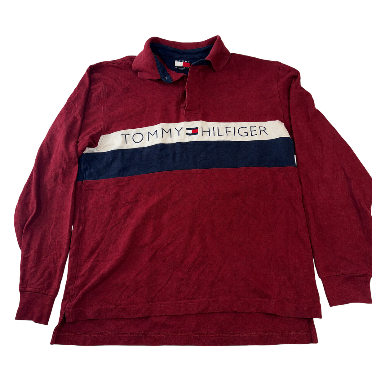 Tommy Hilfiger Long Sleeve Rugby Polo Shirt – Burgundy/Navy/White – Size S