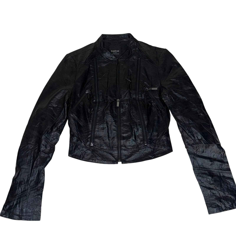 Bebe Genuine Leather Cropped Biker Jacket Black Multi Zip Size S
