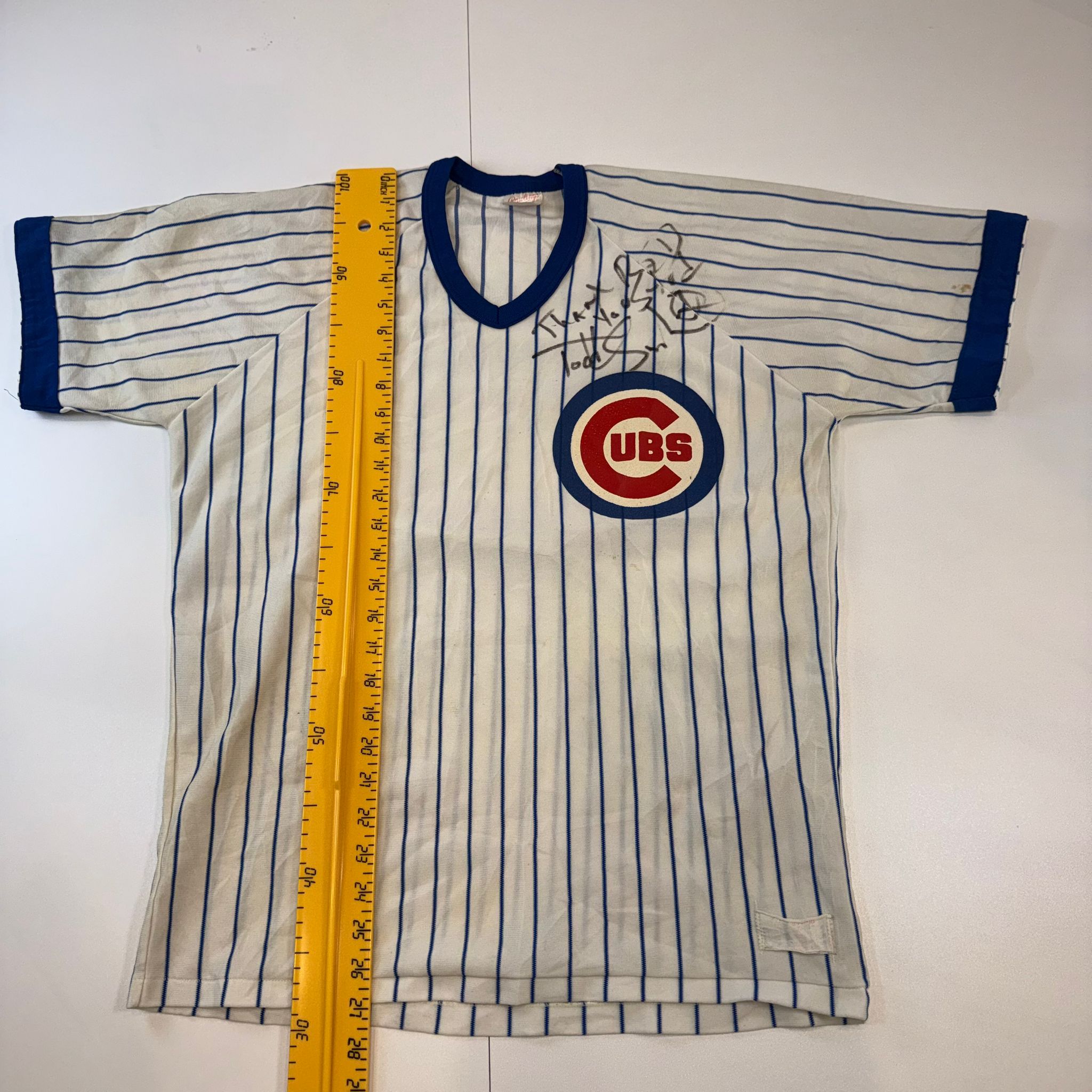 Vintage Chicago Cubs Pinstripe Jersey Adult Large Signed Rawlings