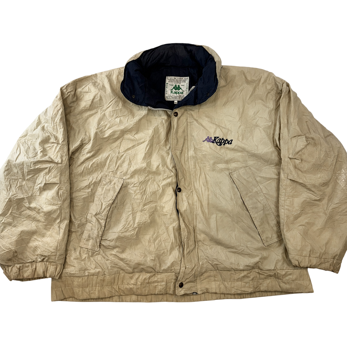 Vintage Kappa Puffer Jacket XL Beige Cream Navy Embroidered Logo 90s Y2K Oversized Coat