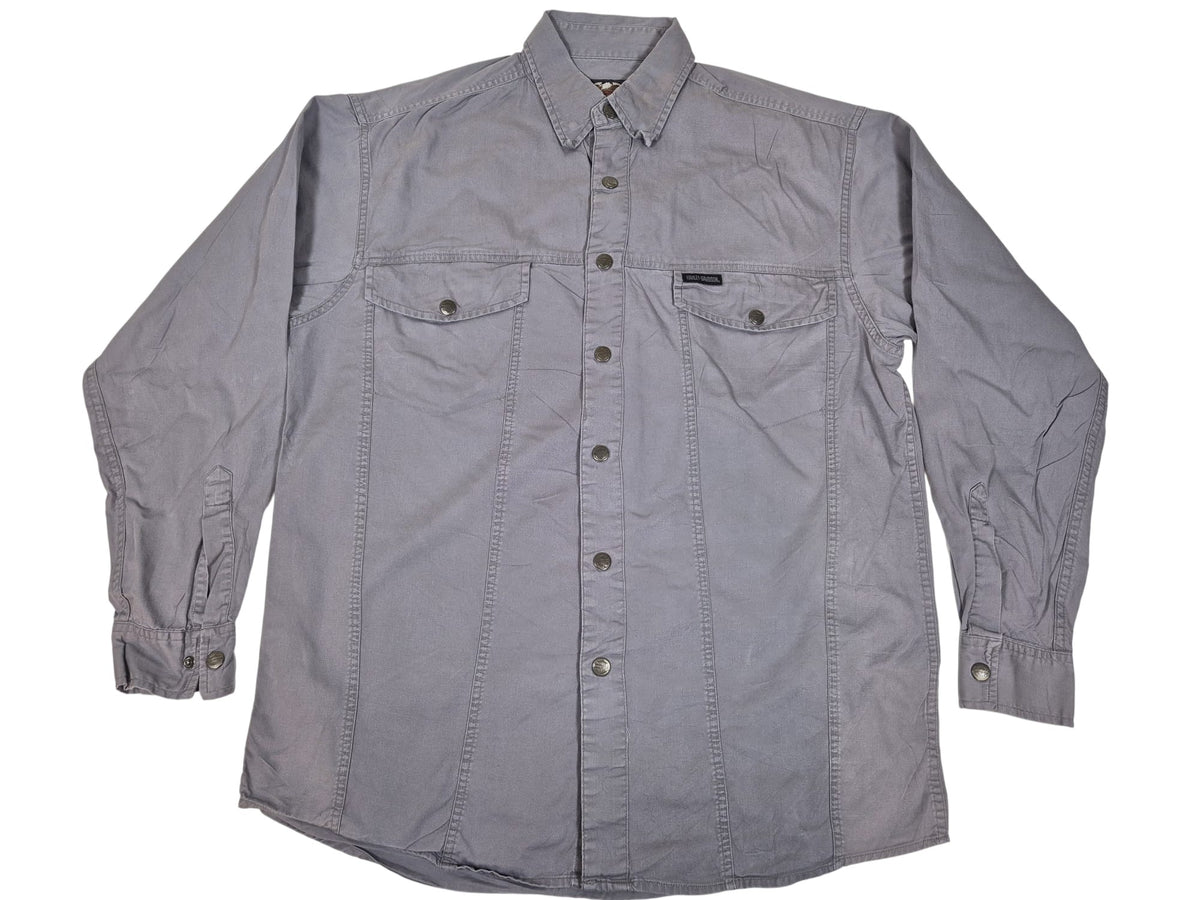 Harley-Davidson Mens Snap Button Shirt Grey Cotton Twill Bar Shield 90s Size M