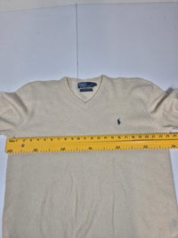 Polo Ralph Lauren Lambswool V Neck Jumper Sweater Cream Navy Pony Size XL