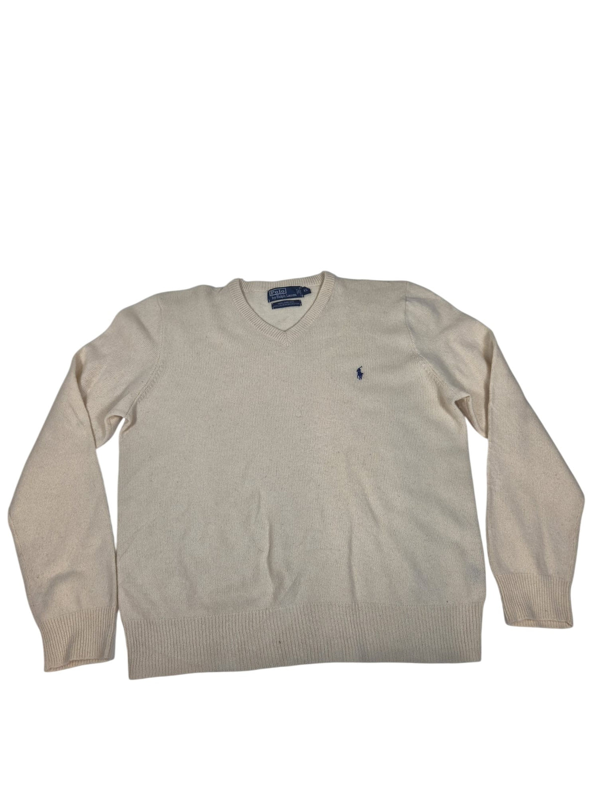 Polo Ralph Lauren Lambswool V Neck Jumper Sweater Cream Navy Pony Size XL